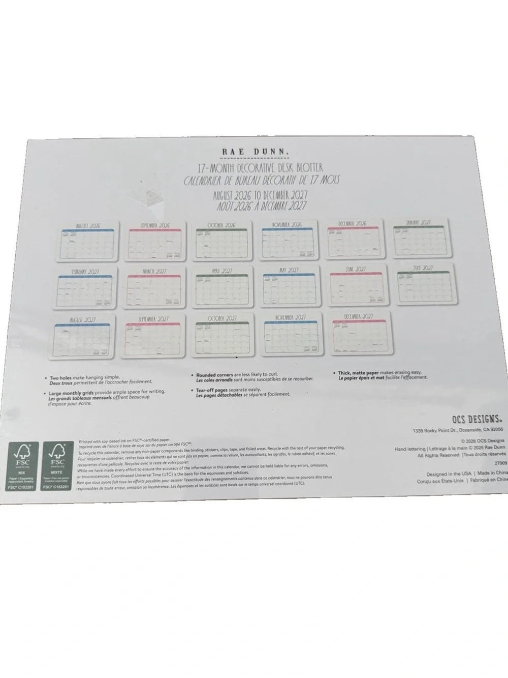 2027 Rae Dunn Desk Blotter Planner Calendar 17 Month August’06-Dec.2027 Blue